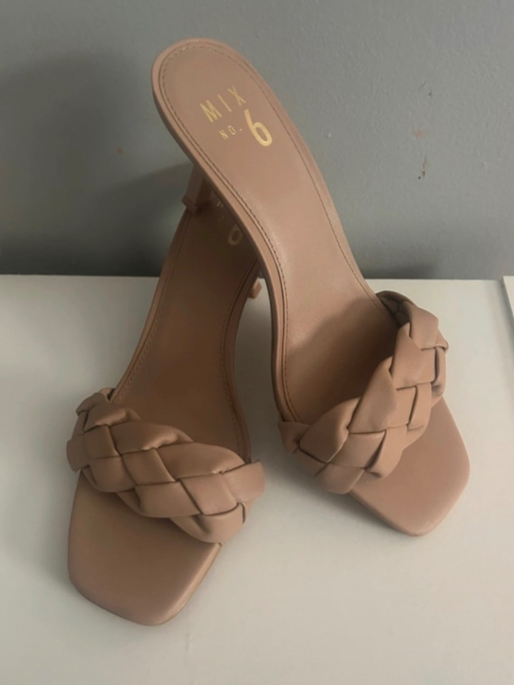 Mix No. 6 woven slide sandals feature a beige color and a low kitten heel.